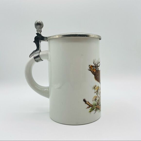 Vintage West Germany Deer Buck Ceramic Pewter Bier Stein - Picture 2 of 6